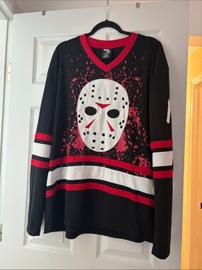 Friday The 13th Halloween Black & Red Hockey Mask Graphic Sweater - Men